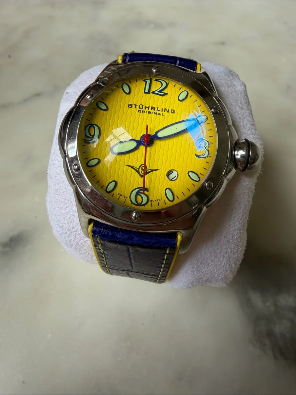Men’s Stuhrling Yellow Dial Blue Leather Strap Watch